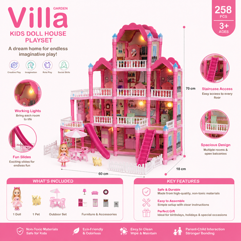 Villa Kids Doll House Playset – 3-Story Princess Dream Home